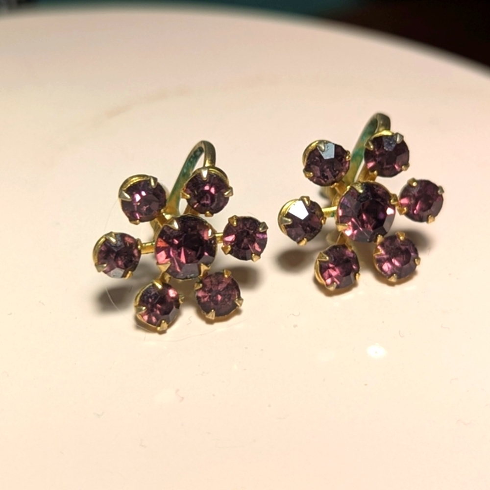 Vintage Earrings Purple Flowers Screwback Atomic Star Sun Burst